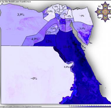 Koptowie w Egipcie z podziałem na regiony, dane spisowe z 2006 roku