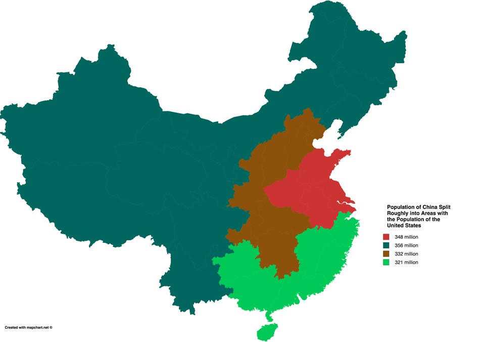 Populacja Chin podzielona na 4 podobne obszary