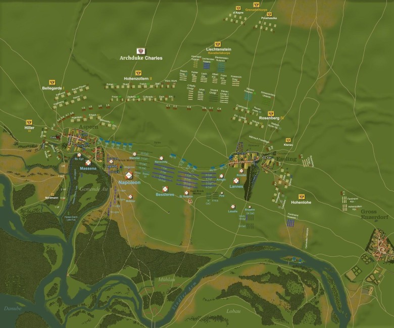 Mapa bitwy pod Aspern-Essling w 1809 roku, porażka Napoleona z wojskami austriackimi