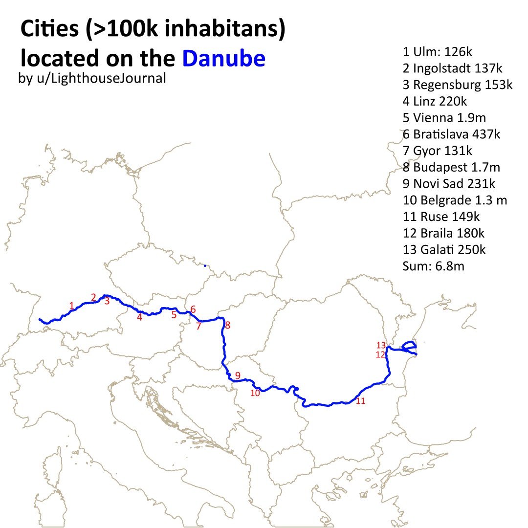 Miasta powyżej 100 tys. mieszkańców przez które przepływa Dunaj