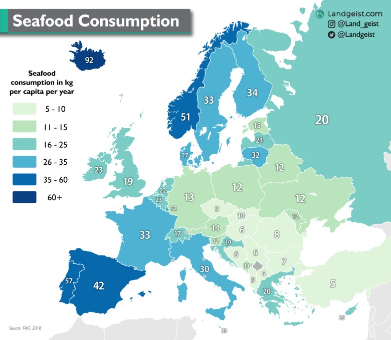 Konsumpcja owoców morza w Europie, 2018