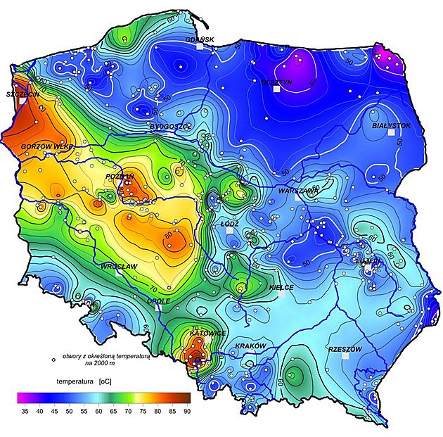 Mapa temperatury na głębokości 2000 metrów p.p.t. (Szewczyk, 2010 – zmodyfikowana).