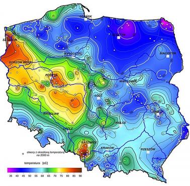 Mapa temperatury na głębokości 2000 metrów p.p.t. (Szewczyk, 2010 – zmodyfikowana).