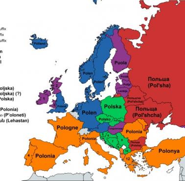 Słowo "Polska" w różnych europejskich językach