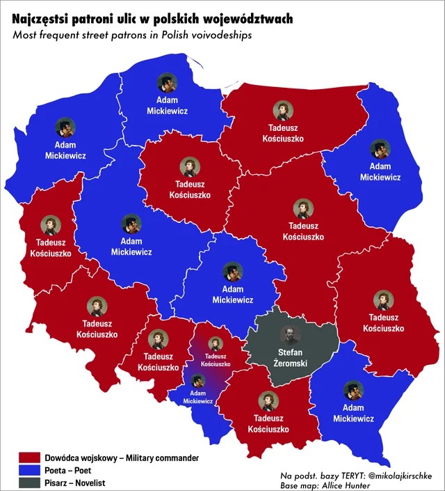 Najczęstsi patroni ulic w poszczególnych województwach w Polsce