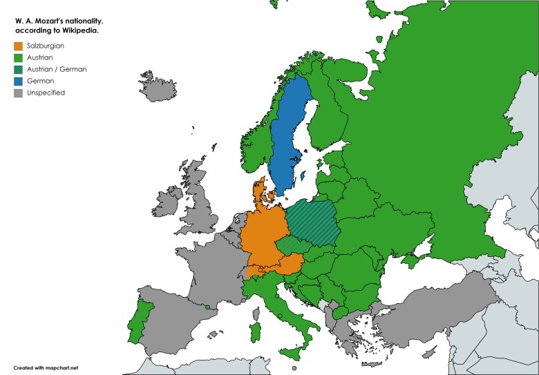 Narodowość Mozarta w poszczególnych krajach Europy wg. lokalnej wikipedii