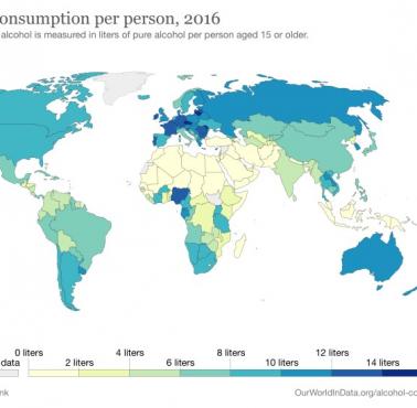 Konsumpcja alkoholu na osobę w poszczególnych państwach świata, 2016