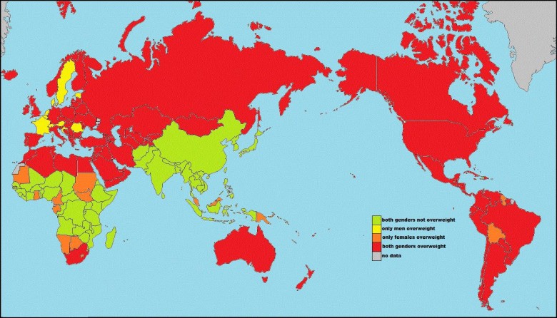 Porównanie rozkładu geograficznego nadwagi obu głównych płci wg.średniego wskaźnika masy ciała (BMI, wskaźnik otyłości)
