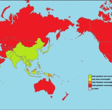 Porównanie rozkładu geograficznego nadwagi obu głównych płci wg.średniego wskaźnika masy ciała (BMI, wskaźnik otyłości)