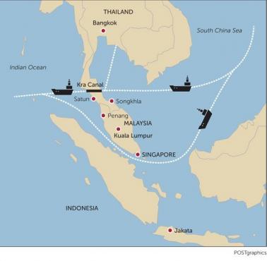 Proponowany przebieg Kra Canal przez południową Tajlandię, z pominięciem kontrolowanej przez marynarkę USA cieśniny Malakka.