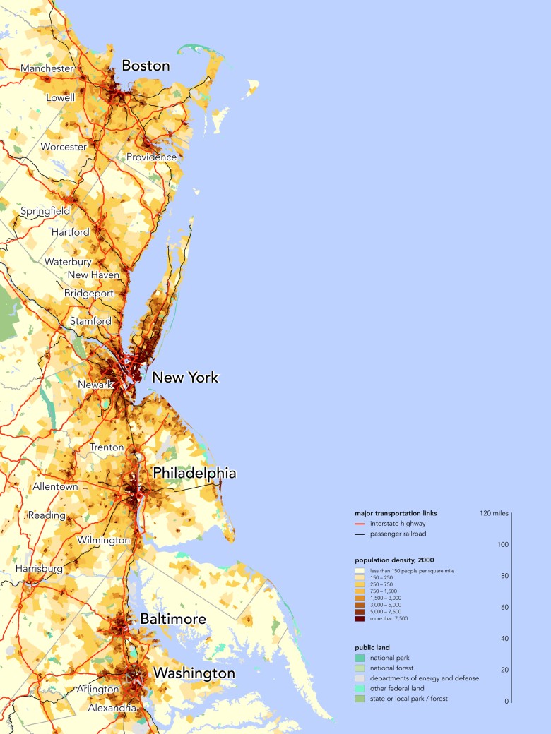 Gęstość zaludnienia megalopolis BosWash, w którym mieszka 17% populacji USA