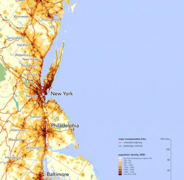 Gęstość zaludnienia megalopolis BosWash, w którym mieszka 17% populacji USA