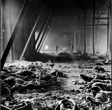 Amerykańscy żołnierze z 9 Armii oglądają ciała spalonych przez Niemców więźniów (Gardelegen, Niemcy).