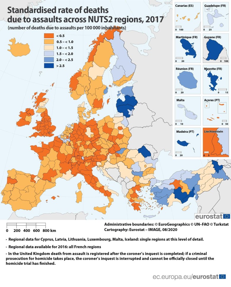 Liczba morderstw podczas napadów na 100 tys. mieszkańców w Europie, 2017