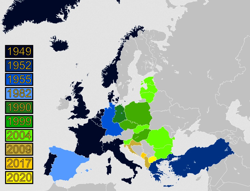 Rozszerzenie NATO od jego powstania w 1949 r. do przystąpienia Macedonii Północnej w marcu 2020 r., tylko Europa