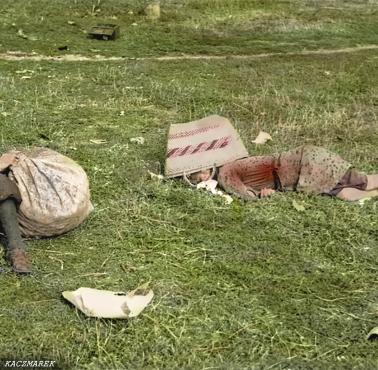 Chłopiec siedzący obok zwłok swojej matki, która zginęła ostrzelana przez niemieckich lotników Luftwaffe z karabinów maszynowych