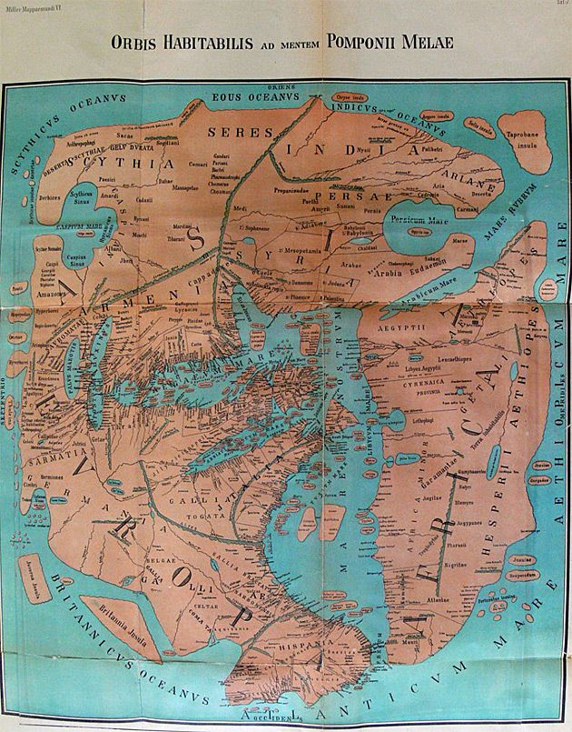 Mapa świata z roku 43 - przedruk mapy narysowanej przez Rzymianina, uznawanego za ojca geografii - Pomponiusza Melę.