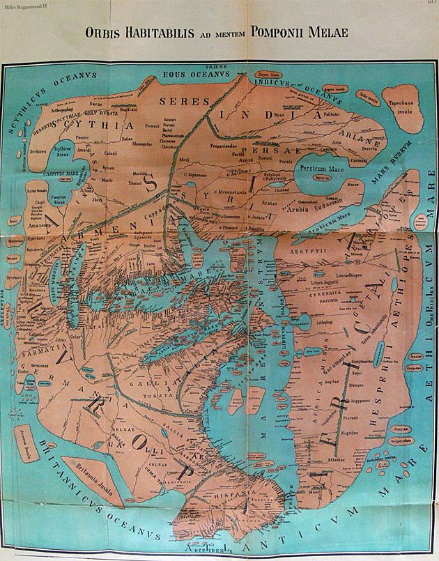 Mapa świata z roku 43 - przedruk mapy narysowanej przez Rzymianina, uznawanego za ojca geografii -  Pomponiusza Melę.