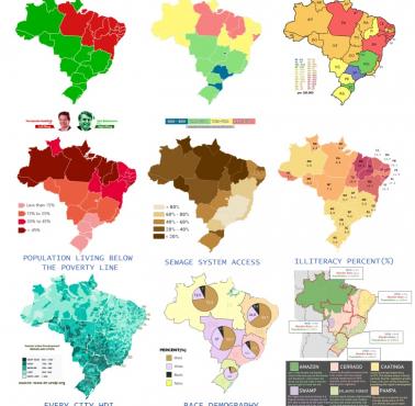 9 różnych map dotyczących Brazylii, elekcja 2018, Wskaźnik rozwoju społecznego (HDI), bezdomność, analfabetyzm ...