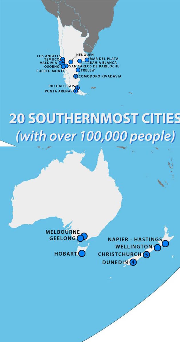Najbardziej położone na południe miasta na świecie powyżej 100 tys. mieszkańców.
