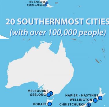 Najbardziej położone na południe miasta na świecie powyżej 100 tys. mieszkańców.