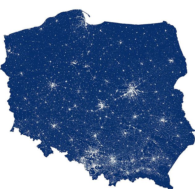 Mapa Polski z naniesionym terenem zurbanizowanym (dane: CODGiK).