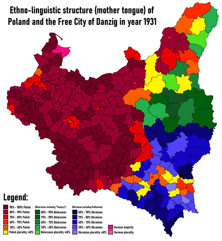 Mapa etniczna Polski. Mapa dominujących języków w każdym polskim powiecie w 1931 r.