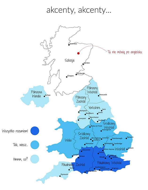Mapa akcentów na Wyspach Brytyjskich.