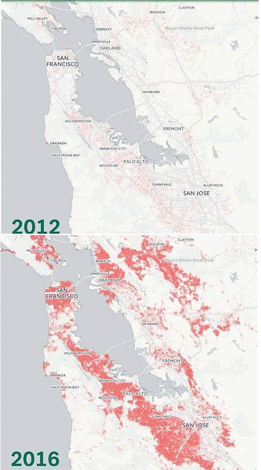 Porównanie wartości domów z 2012 i 2016 roku w rejonie Zatoki San Francisco (czyli w Dolinie Krzemowej).