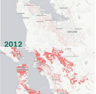 Porównanie wartości domów z 2012 i 2016 roku w rejonie Zatoki San Francisco (czyli w Dolinie Krzemowej).