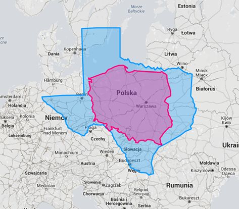 Porównanie wielkości stanu Teksas i Polski.