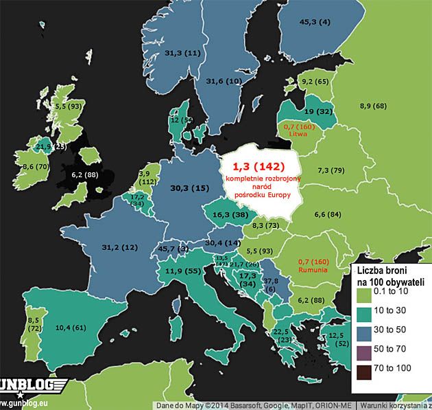 Dostępność broni w poszczególnych krajach Europy.