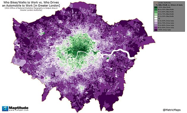 Mapa Londynu (2011) z naniesionym procentem miłośników poruszania się do pracy piechotą, rowerem lub samochodem.