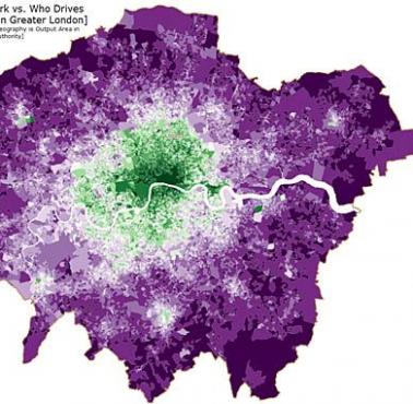 Mapa Londynu (2011) z naniesionym procentem miłośników poruszania się do pracy piechotą, rowerem lub samochodem.