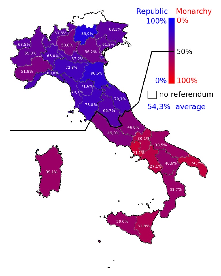 Wyniki referendum sprzed 70 lat, Włosi odpowiadali na pytanie, czy chcą republiki czy monarchii, republikanie wygrali 54 do 46.