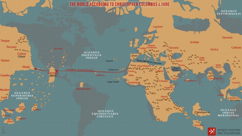 Mapa świata kiedy Krzysztof Kolumb wyruszał w podróż życia, 1490 (źródło: Encyklopedia Historii Świata)