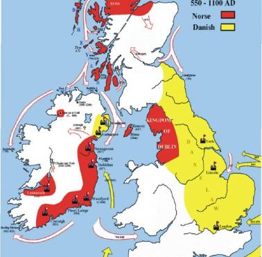Obszary na Wyspach Brytyjskich, które opanowali Wikingowie w latach 550-1100