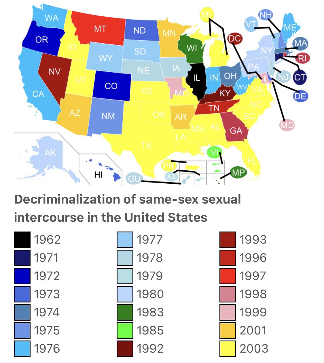 Depenalizacja (dekryminalizacja) aktów homoseksualnych w poszczególnych stanach USA w latach 1962-2003