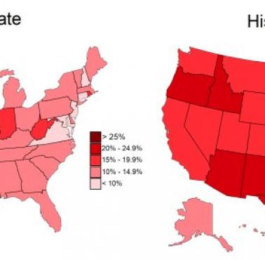 Odsetek ubóstwo w USA z podziałem na stany oraz azjatów i latynosów