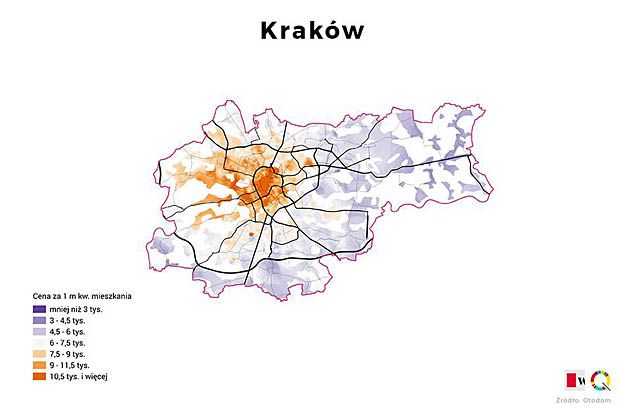 Ceny metra kwadratowego mieszkania w Krakowie.