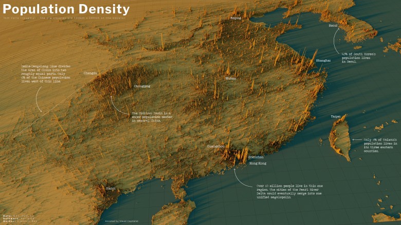 Gęstość zaludnienia Chin (3d, do linii Heihe-Tengchong)