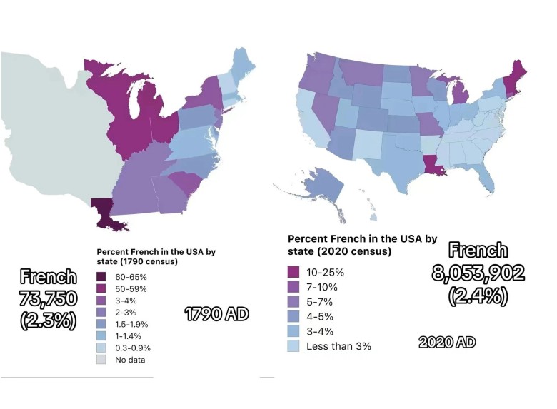 Mapa etniczna USA. Francuzi w 1790 i 2020 roku