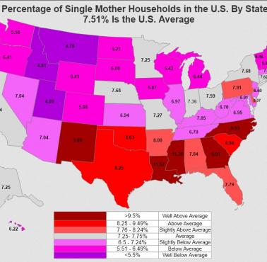 Procent samotnych matek w poszczególnych stanach USA