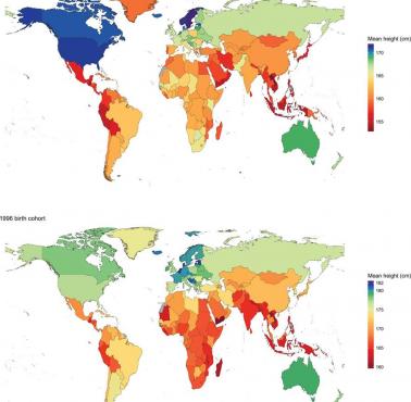 Średnia wysokość mężczyzn w poszczególnych krajach świata pod koniec XIX wieku i XX.