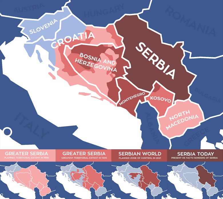 Mapa tzw. Wielkiej Serbii Slobodana Miloševicia (1990, 1995) oraz mapa tzw.serbskiego świata Aleksandara Vučicia