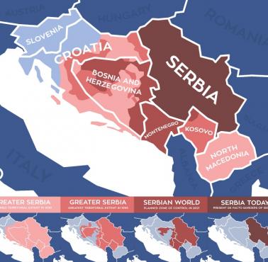 Mapa tzw. "Wielkiej Serbii" Slobodana Miloševicia (1990, 1995) oraz mapa tzw."serbskiego świata" Aleksandara Vučicia