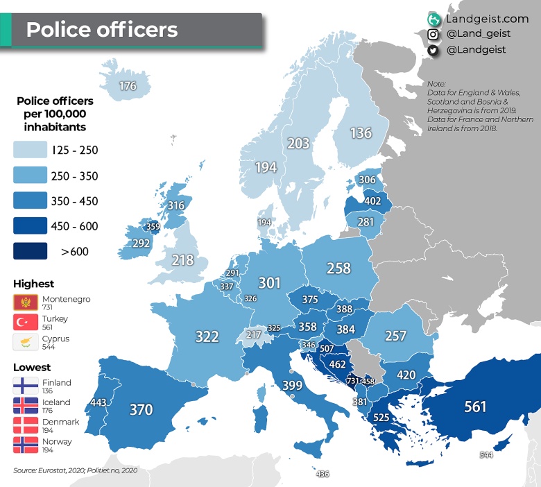 Liczba policjantów na 100 tys. mieszkańców w każdym kraju w Europie, 2020