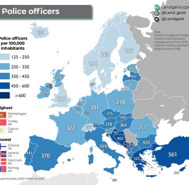 Liczba policjantów na 100 tys. mieszkańców w każdym kraju w Europie, 2020
