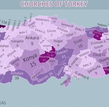 Liczba kościołów w Turcji z podziałem na prowincje