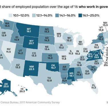 Procent osób zatrudnionych przez administracje publiczną w poszczególnych stanach USA